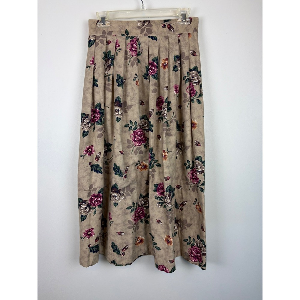Kathie Lee Floral Maxi Skirt 10 Tan Purple Vintage 90s Pleated Cottagecore Fairy